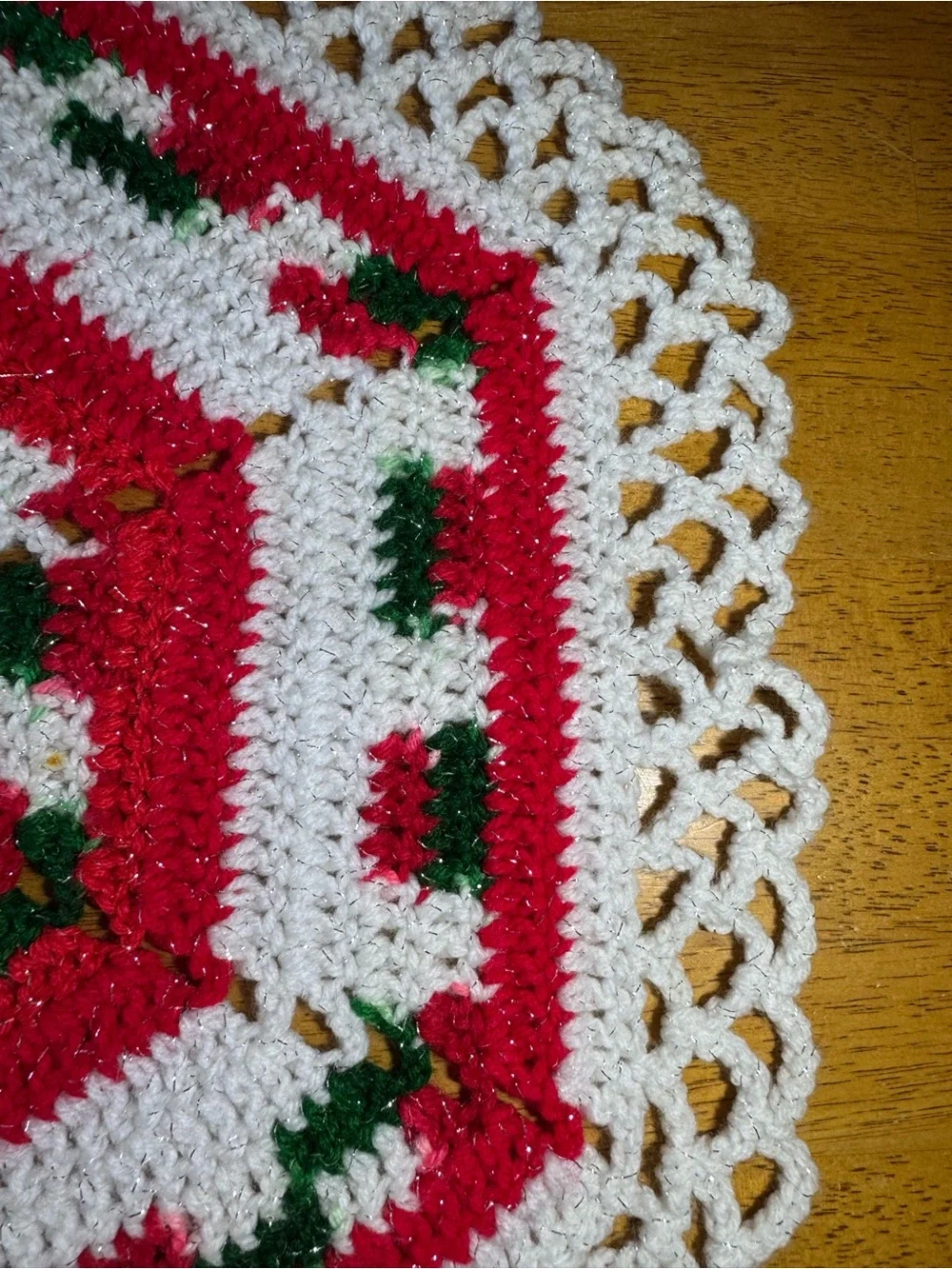 Hand-Crocheted Holiday Doily — Red, White & Green